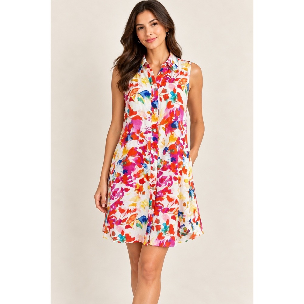 Soft Surroundings Women's Floral Rayon Sleeveless Tunic Cover Up Pink Orange S